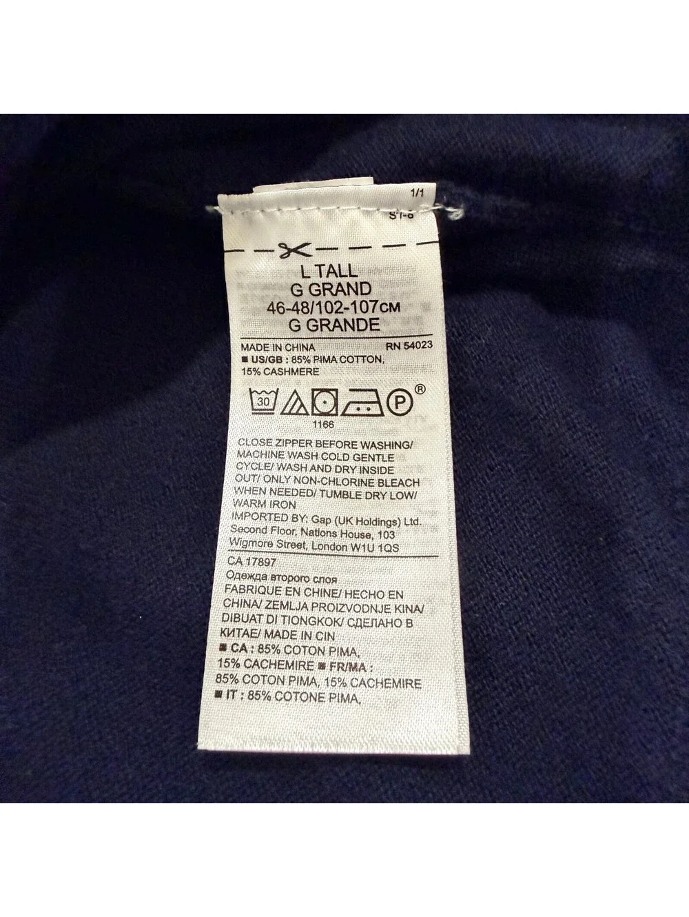 Banana Republic Men’s L Tall Navy Pima Cotton Cashmere Quarter Zip Sweater
